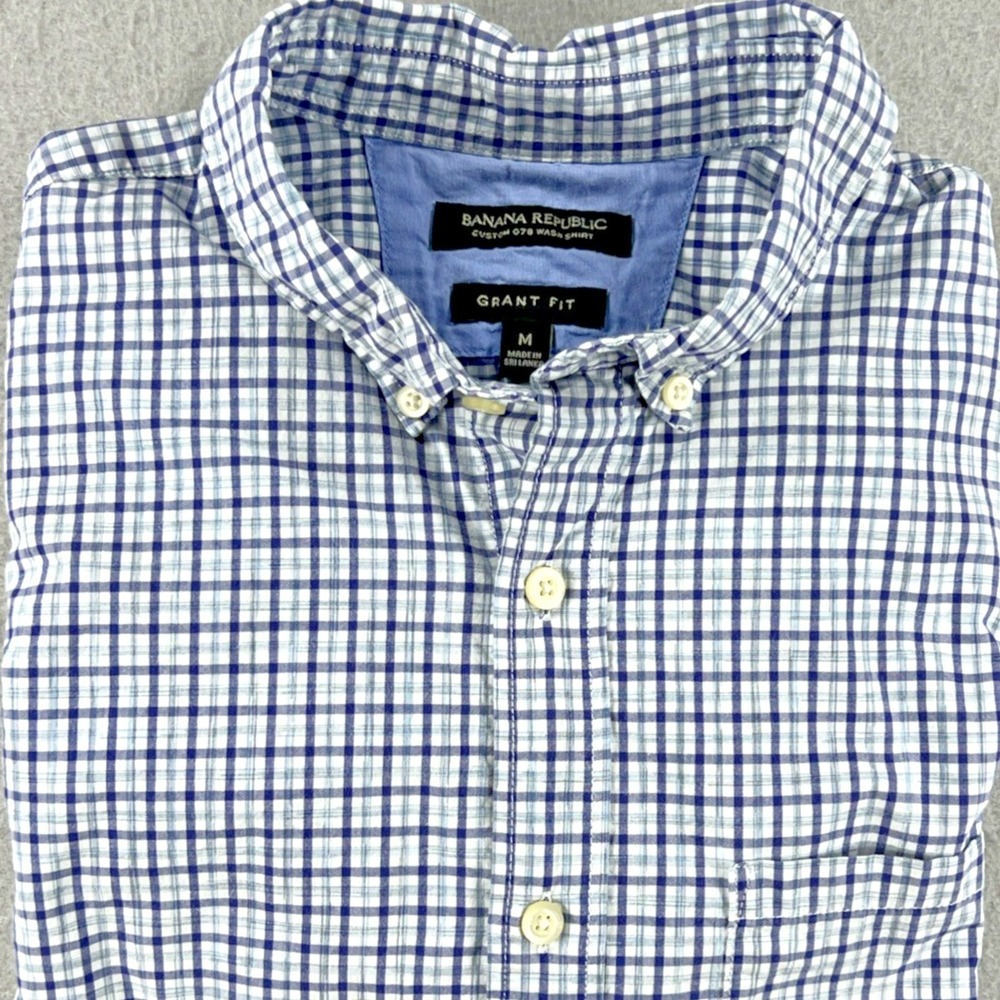 Banana Republic Navy Blue & Green Check Grant Fit Button Down Shirt Mens Medium